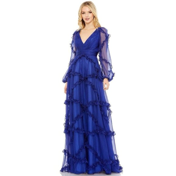 Mac Duggal Size 18 Blue A68223 Ruffle Puff Long Sleeve Formal Gown Dress $598 - Picture 1 of 10